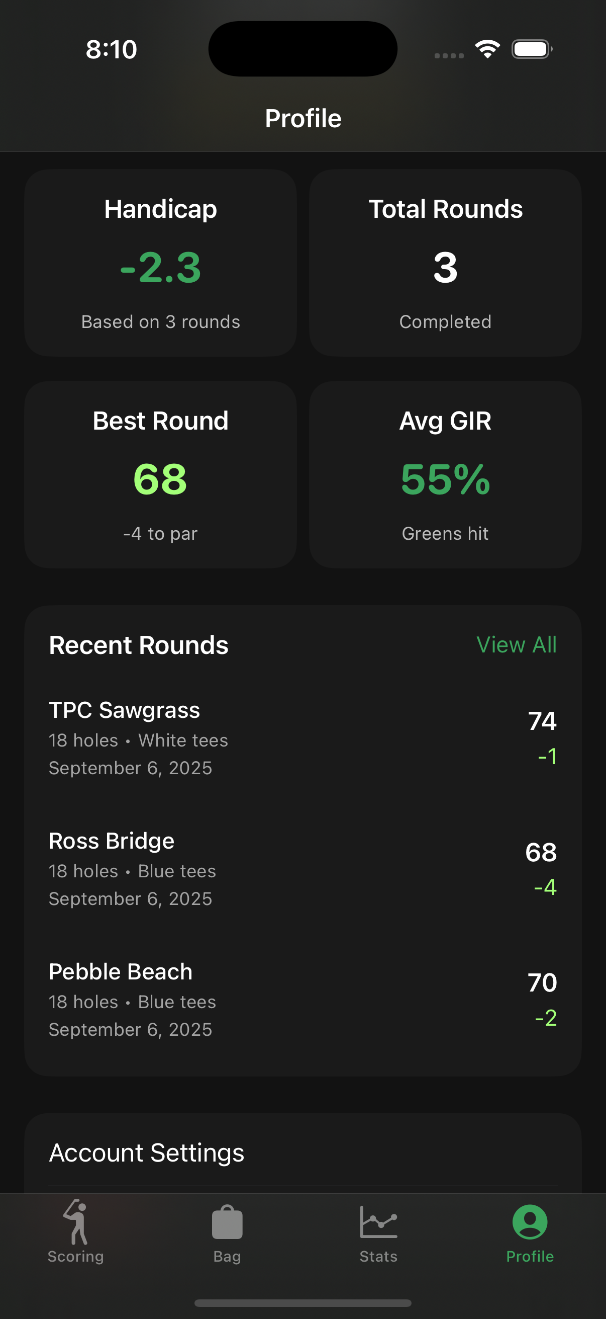 Profile and stats screen